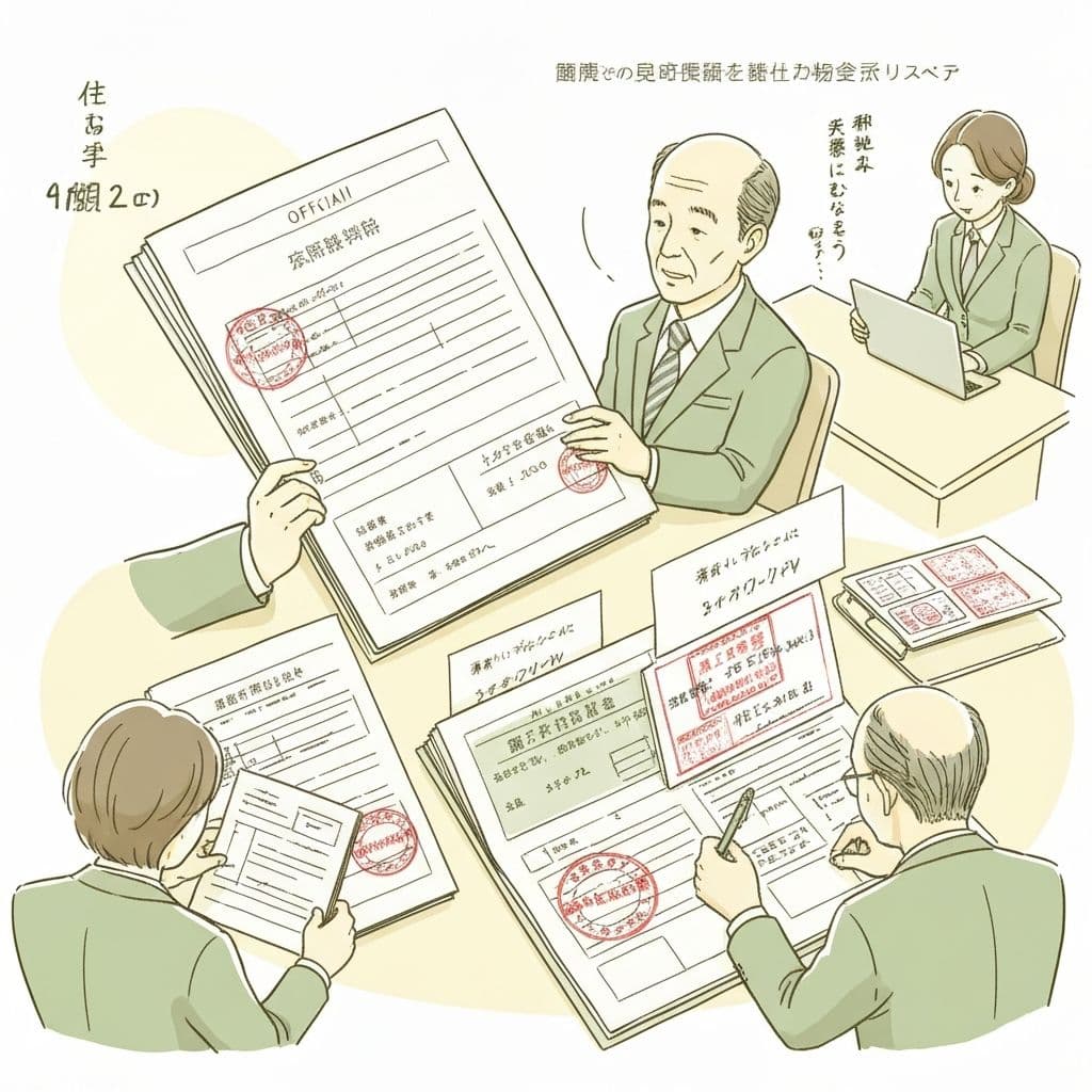 補助金申請書類を確認する様子のイラスト